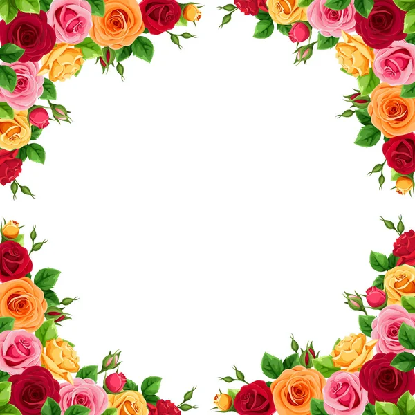 Vector Frame Red Pink Orange Yellow Roses — Stock Vector