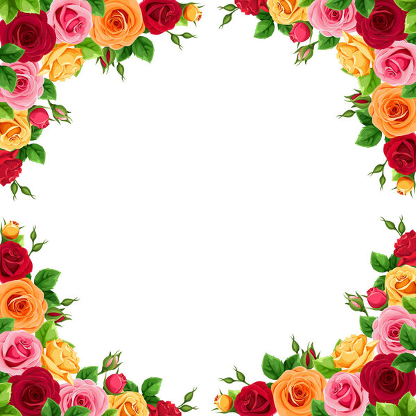 Vector frame with red, pink, orange and yellow roses.