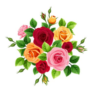 Kırmızı, pembe, turuncu ve sarı güller beyaz bir arka plan üzerinde izole vektör buketi.