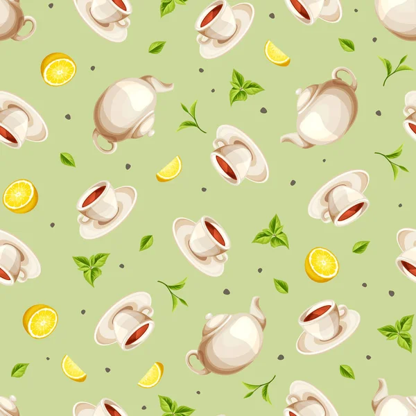 緑の背景にティーポット レモン 紅茶の葉とベクトルシームレスなパターン — ストックベクタ