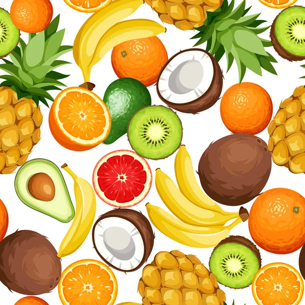 Vektor Sömlös Bakgrund Med Tropiska Frukter Avokado Banan Kokos Kiwi — Stock vektor