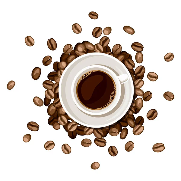 コーヒーとコーヒー豆トップビュー ベクトルイラスト — ストックベクタ