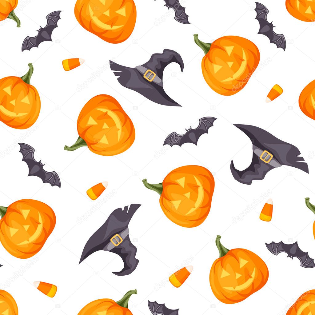 Vector Halloween seamless background with jack-o-lanterns, bats and witches hats on white.