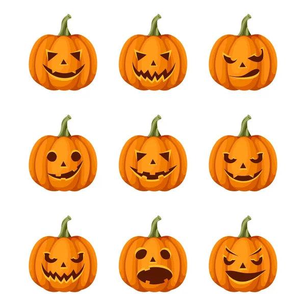 Set Van Vector Van Negen Jack Lanterns Halloween Pompoenen Geïsoleerd — Stockvector