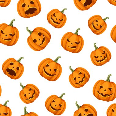 Beyaz arka plan üzerinde Jack-O-Lanterns (Halloween pumpkins) ile vektör dikişsiz desen.