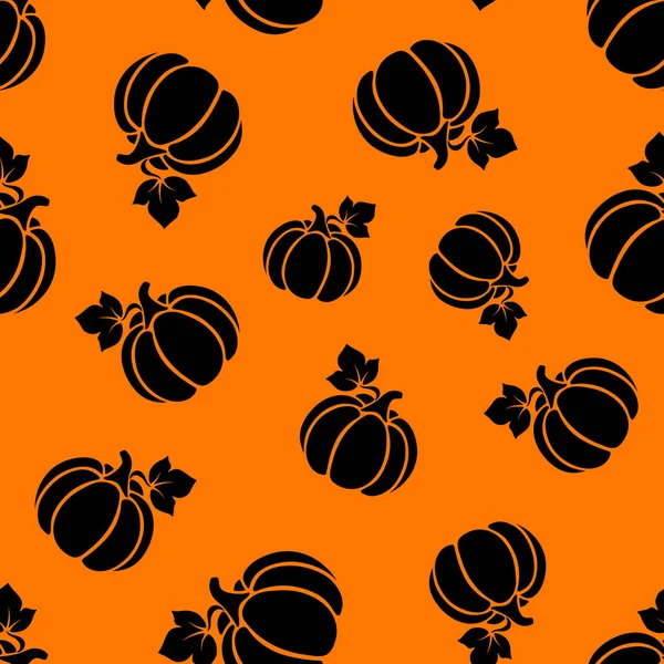 オレンジ色の背景にカボチャの黒いシルエットとベクトルシームレスパターン — ストックベクタ