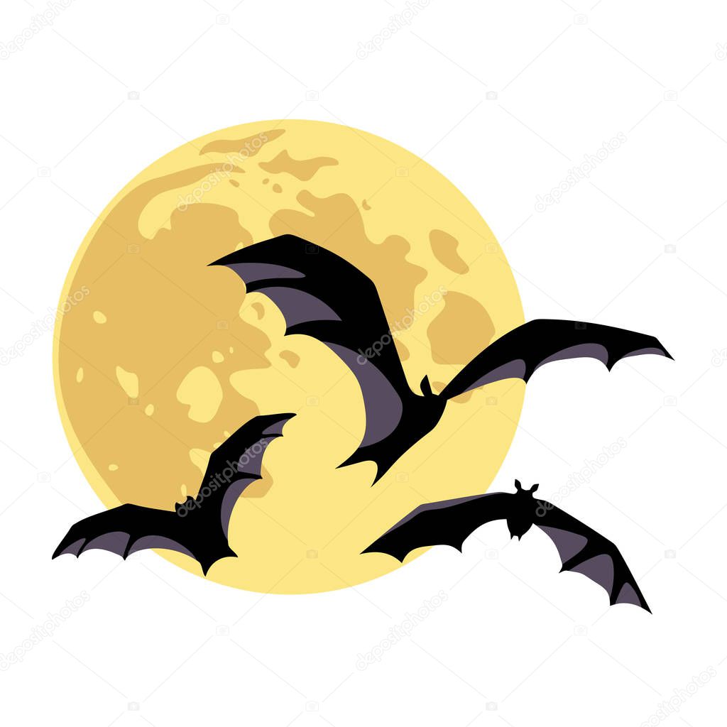 Vector illustration of a moon and bats isolated on a white background.