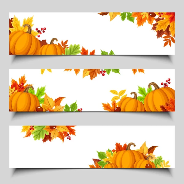 Set Three Vector Web Banners Orange Pumpkins Colorful Autumn Leaves — Stock Vector