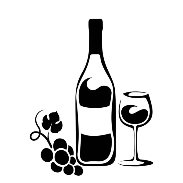 Vector Black Silhouette Wine Bottle Wineglass Grape Vine Isolated White — Stock Vector
