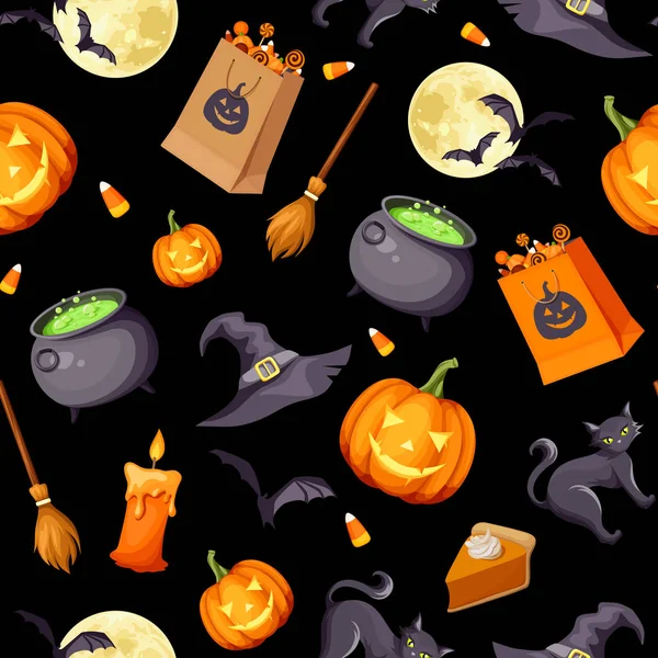 Vector Halloween Naadloze Achtergrond Met Jack Lantaarns Katten Vleermuizen Ketels — Stockvector