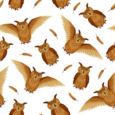 Beyaz arka planda kahverengi baykuşlar ve baykuş tüyleriyle kusursuz bir arkaplan.