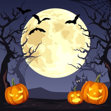 Jack-O-Lanters, Ay, yarasalar ve ağaçlarla dolu Cadılar Bayramı Gecesi Vektörü.