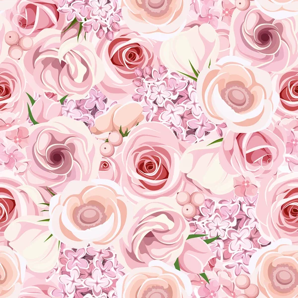 ピンクのバラ ライサンス イソギンチャク ライラック アジサイの花とベクトルシームレスな背景テクスチャ — ストックベクタ