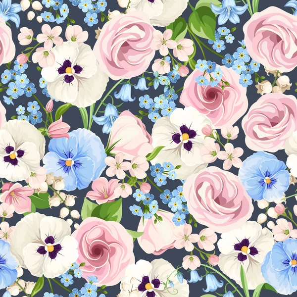 Vector Seamless Pattern Pink White Blue Lisianthus Pansies Bluebells Forget — стоковый вектор