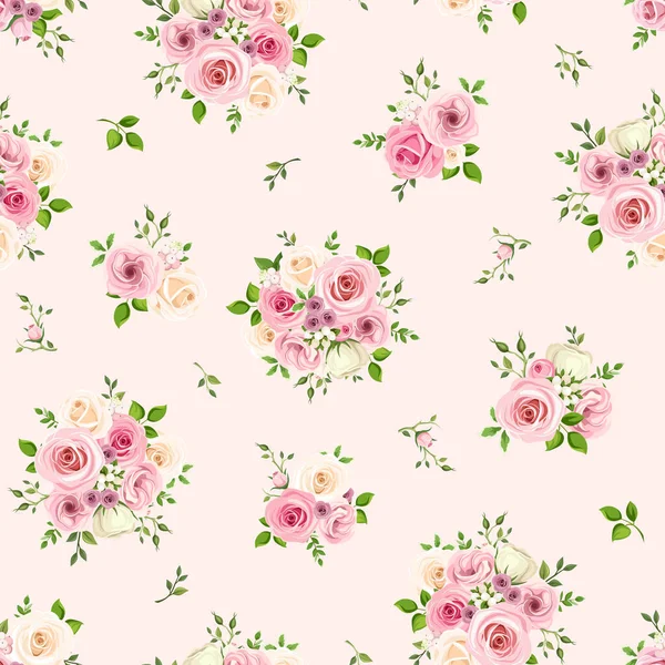 Patrón Sin Costura Vectorial Con Rosas Rosadas Blancas Sobre Fondo — Archivo Imágenes Vectoriales
