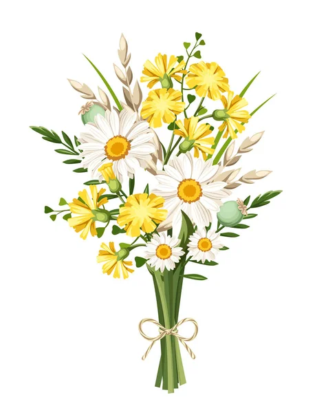 Vector Bouquet White Yellow Daisies Wild Flowers Ears Wheat Isolated — Stock Vector