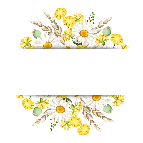 Banner Vetorial Com Margaridas Brancas Flores Silvestres Amarelas Espigas Trigo — Vetor de Stock