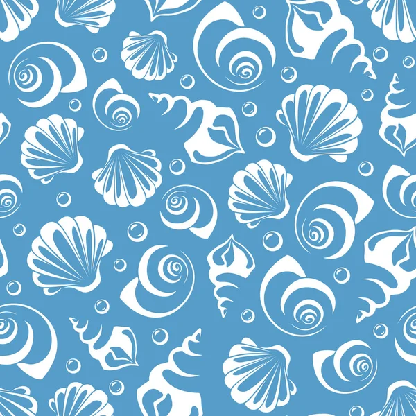 Vector Nahtloses Muster Mit Weißen Muscheln Silhouetten Auf Blauem Hintergrund — Stockvektor