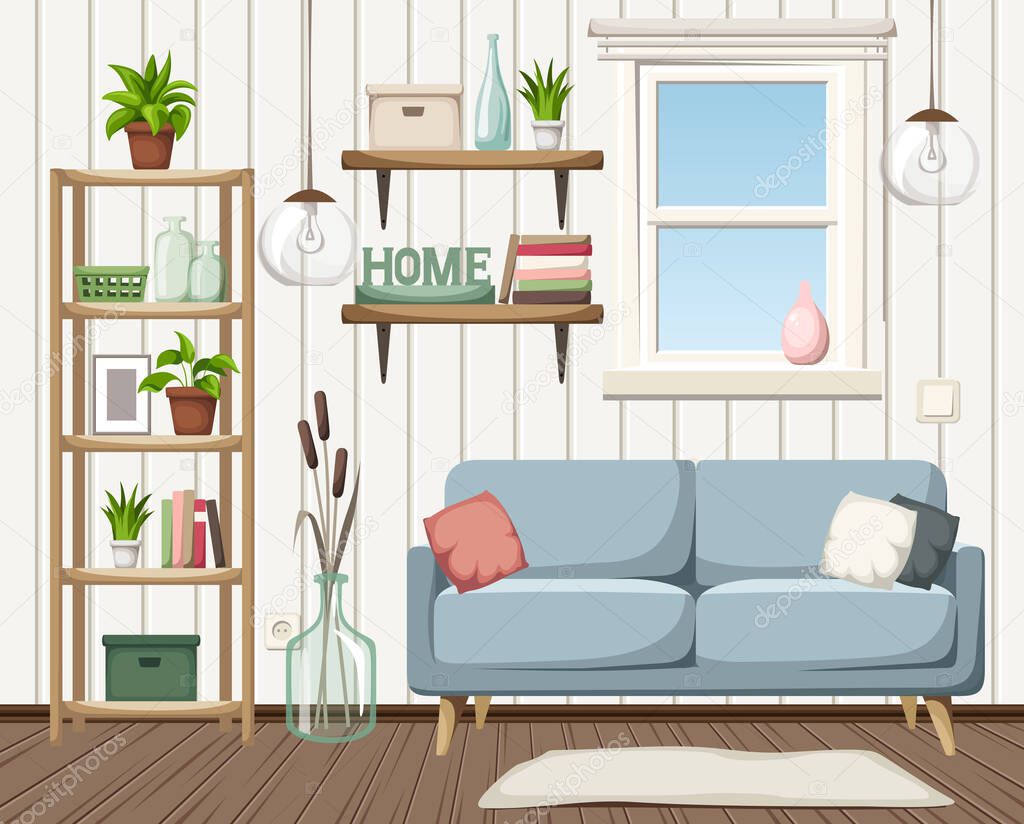 Vector cozy living room interior with a sofa, shelving and houseplants.