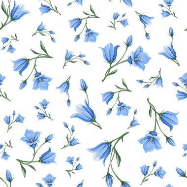 Beyaz arkaplanda mavi çan (campanula) çiçekli vektörsüz desen.