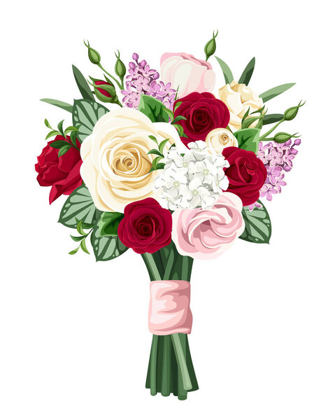 Vector bouquet of red, pink and white roses, lisianthuses and lilac flowers isolated on a white background.