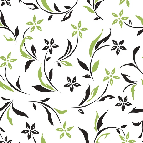 白い背景に花とベクトルシームレス緑と茶色の花のパターン — ストックベクタ