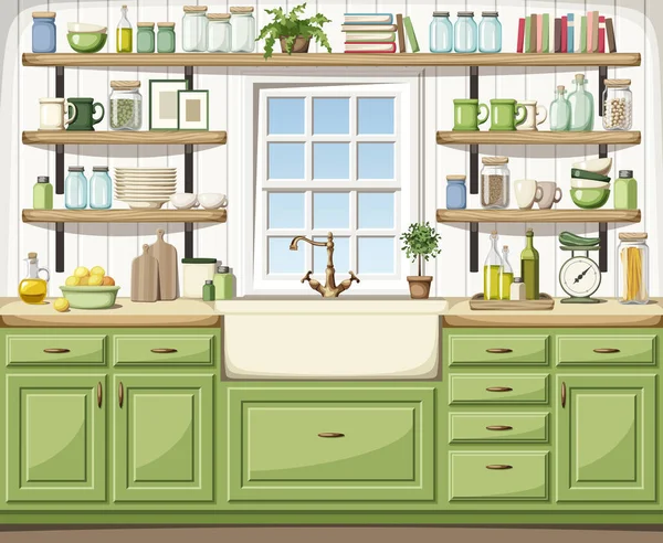 带有绿色橱柜 打开的架子 窗户和厨房用具的厨房内部的矢量图解 — 图库矢量图片
