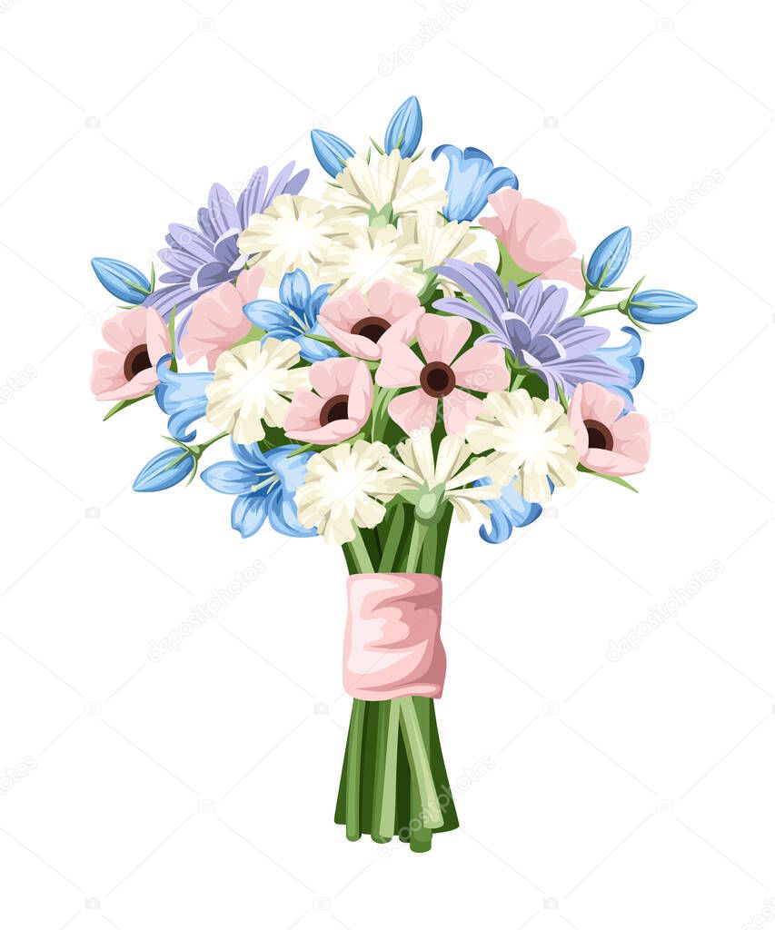 Vector bouquet of pink, blue, white and purple flowers isolated on a white background.