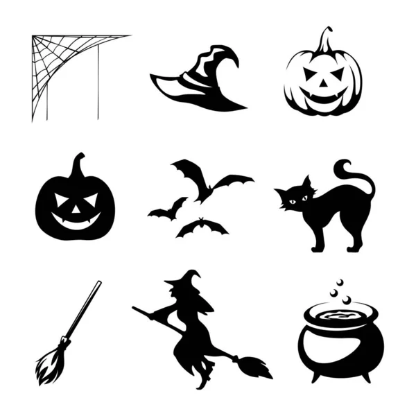 Een Stel Halloween Objecten Vector Zwart Wit Silhouetten — Stockvector