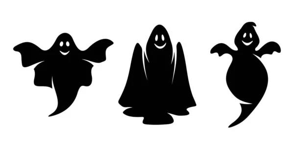 Set Three Vector Black Silhouettes Smiling Ghosts Isolated White Background — Stock Vector