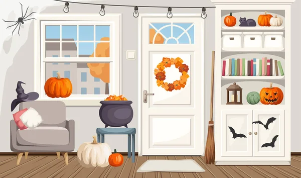 Vektorová Ilustrace Podzimního Obývacího Pokoje Zdobeného Halloween — Stockový vektor