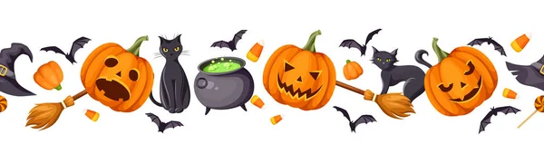 Vector Halloween Horizontale Nahtlose Bordüre Mit Jack Laternen Kürbisse Katzen — Stockvektor