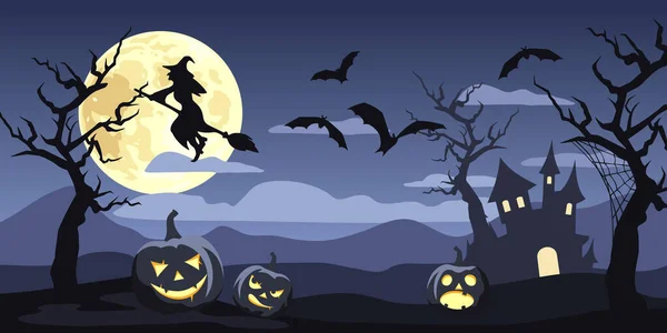 Vector Halloween Noche Fondo Paisaje Con Jack Lanters Luna Murciélagos — Vector de stock