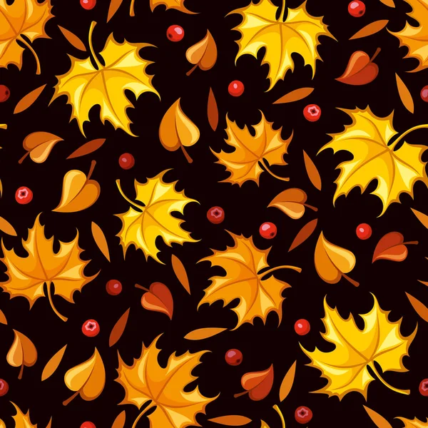 Vector Seamless Pattern Autumn Orange Yellow Leaves Rowan Berries Black — Stock Vector