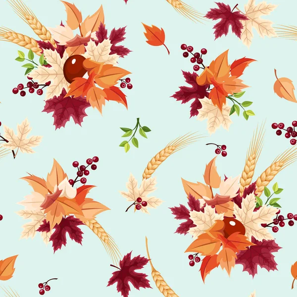 Vector Seamless Pattern Colorful Autumn Leaves Pale Turquoise Background — Stock Vector