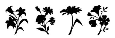 Çiçekler. Beyaz arka planda izole edilmiş siyah çiçek siluetleri. Vektör illüstrasyonu