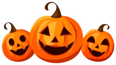 Beyaz arka planda izole edilmiş üç turuncu balkabağı feneri (Halloween balkabağı). Çizgi film vektör illüstrasyonu