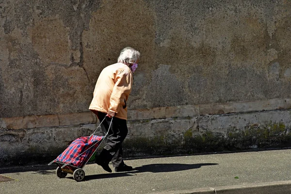 Poissy France May 2020 Old Woman Shopping Trolley — Stock Photo, Image