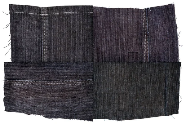 Collectie Van Donkere Jeans Stof Texturen Geïsoleerd Een Witte Achtergrond — Stockfoto