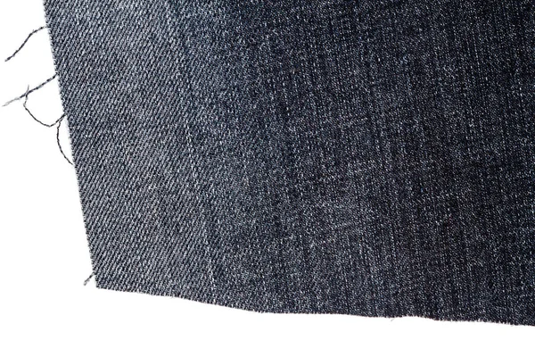 Pezzo Tessuto Jeans Scuro Isolato Sfondo Bianco Bordi Irregolari Grezzi — Foto Stock