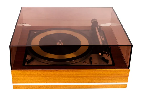 Vintage Stereo Turntable Vinyl Record Player Dust Cover Isolated White — Stock Photo, Image