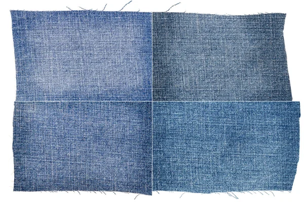 Samling Ljus Blå Jeans Tyg Texturer Isolerad Vit Bakgrund Ojämna — Stockfoto
