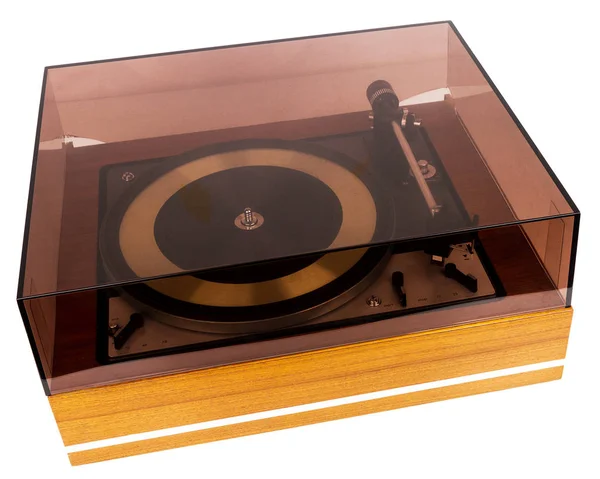 Vintage Stereo Turntable Vinyl Record Player Dust Cover Isolated White — Stock Photo, Image