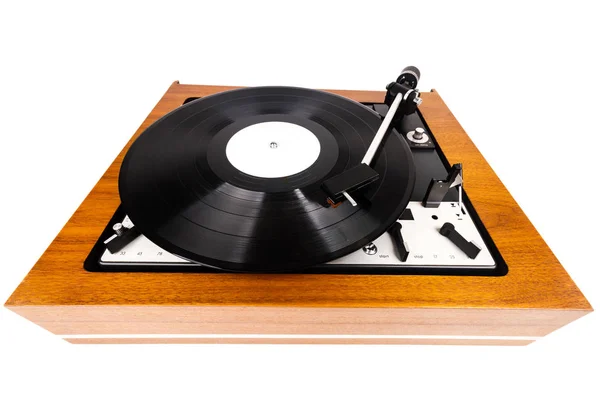 Vintage Turntable Vinyl Record Player Isolated White Wooden Plinth Retro — Stock Photo, Image