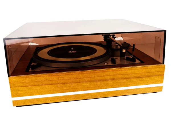 Vintage Stereo Turntable Vinyl Record Player Dust Cover Isolated White — Stock Photo, Image