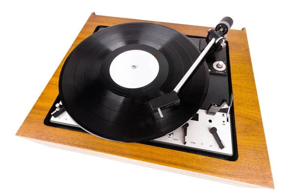 Vintage Turntable Vinyl Record Player Isolated White Wooden Plinth Retro — Stock Photo, Image