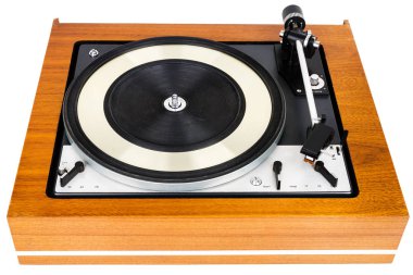 Vintage turntable vinyl record player isolated on white. Wooden plinth. Retro audio equipment. clipart