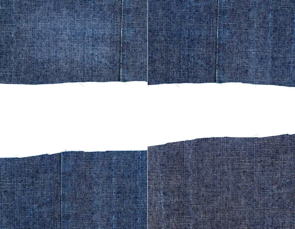 Kolekce Textur Látky Modré Džíny Izolovaných Bílém Pozadí Hrubé Nerovné — Stock fotografie