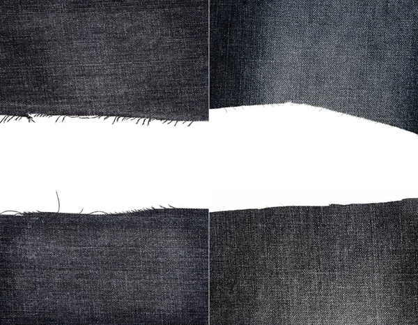 Коллекция Черных Джинсов Текстуры Ткани Изолированы Белом Фоне Грубые Неровные — стоковое фото