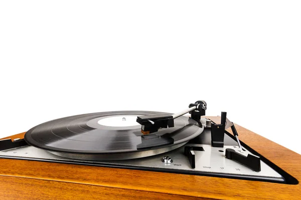 Close Vintage Turntable Vinyl Record Player Isolated White Wooden Plinth — Stock Photo, Image